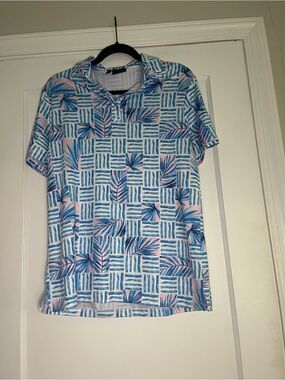 Greenside Golf Blue & Pink Malibu Sleeve Tropical Print Shirt Men's Small